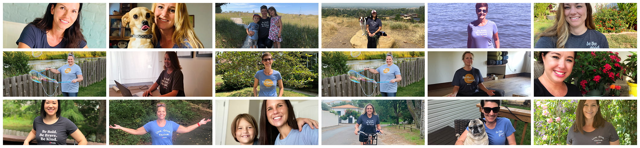 A collage of 18 casual photos featuring Boldly's remote executive assistant team members. The images showcase team members wearing company-branded t-shirts with messages like 'Be Kind' and 'Be Bold' in various settings. The photos capture authentic moments of their remote work lifestyle - from outdoor activities and home offices to family time and furry four-legged coworkers!