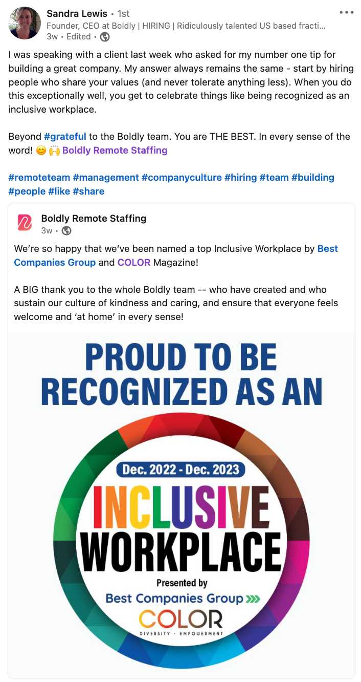 LinkedIn post by Boldly CEO Sandra Lewis celebrating Boldly's Top Inclusive Company award.