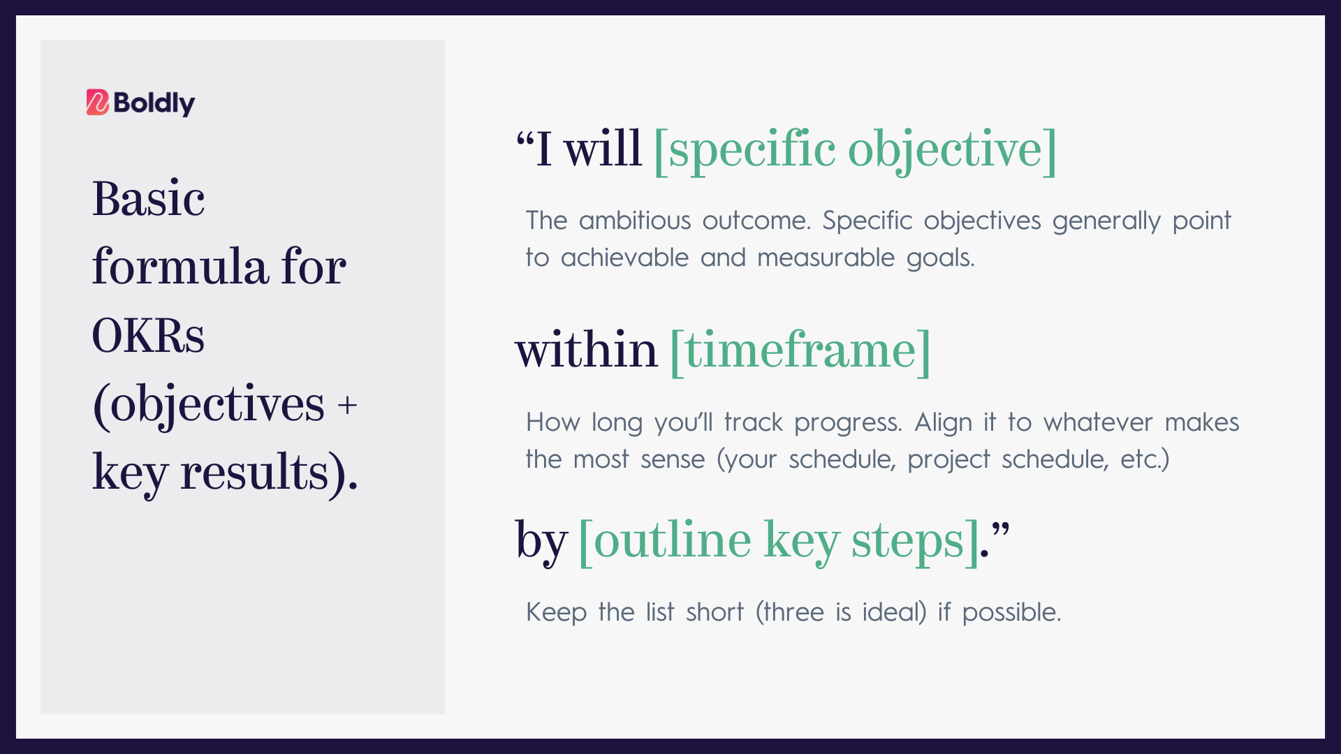 Chart showing the basic 3 pieces to an OKR for executive assistants