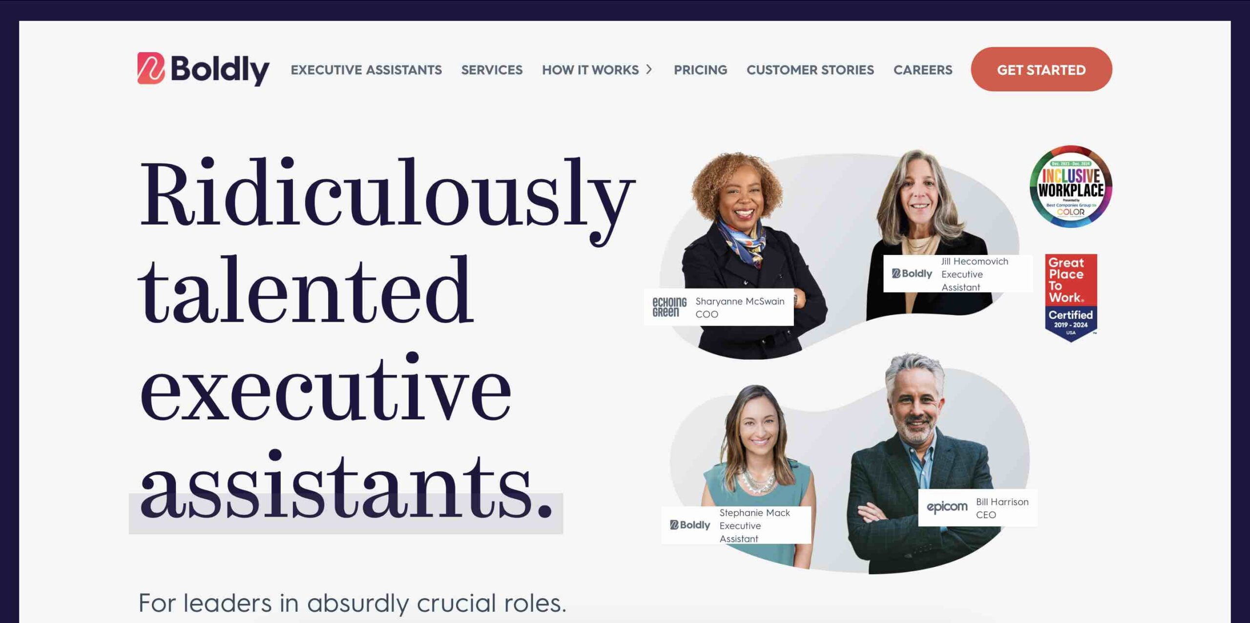 Boldly Premium Executive Assistant Homepage with the words Ridiculously Talented Executive Assistants for Leaders in Absurdly Crucial Roles