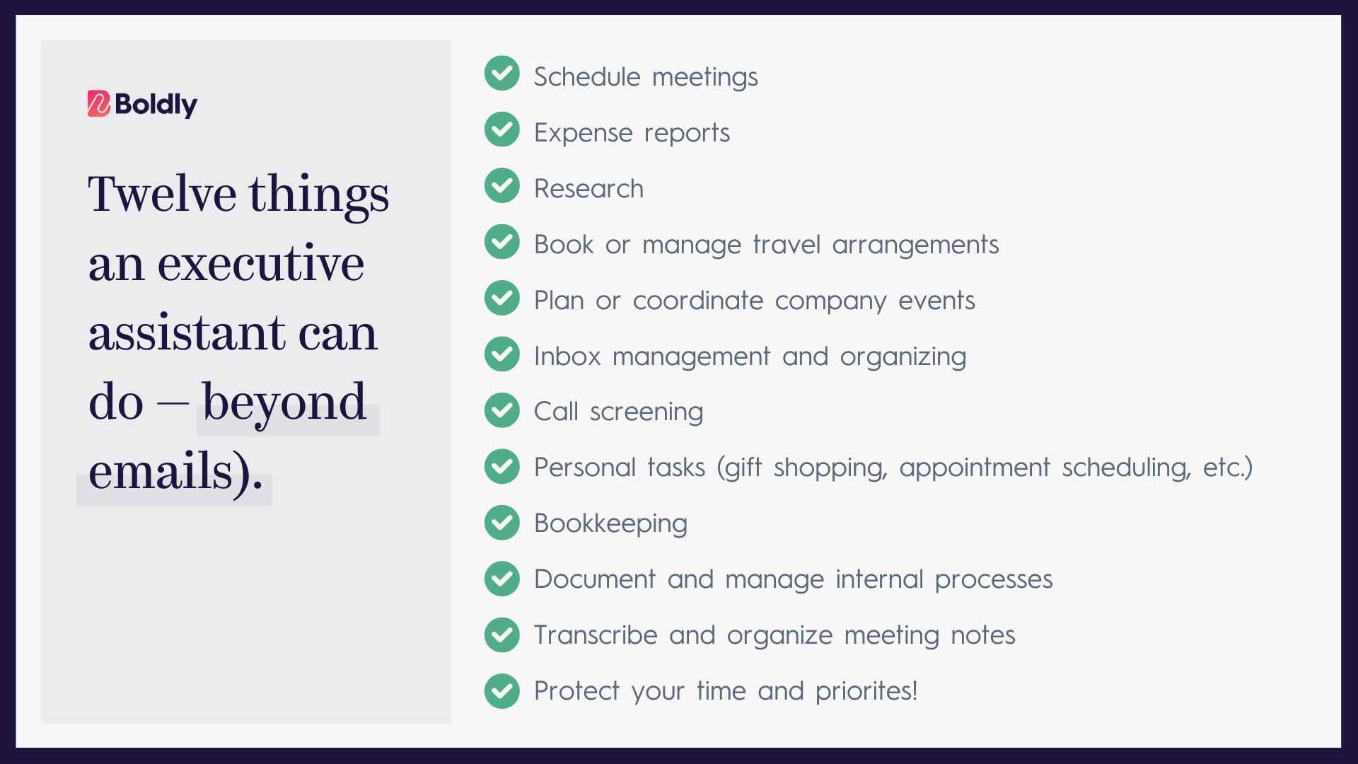 Chart showing 12 things an executive assistant can do besides sending emails -- from managing schedules to bookkeeping and more.
