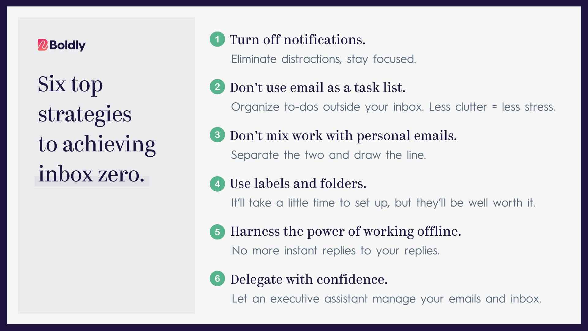 Chart with summary of the top six strategies for clearing out inbox clutter and streamlining your email system.