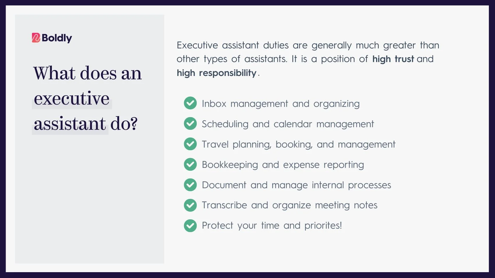 Chart outlining the top duties of a typical executive assistant, emphasizing that the EA position is one of high trust and high responsibility. 