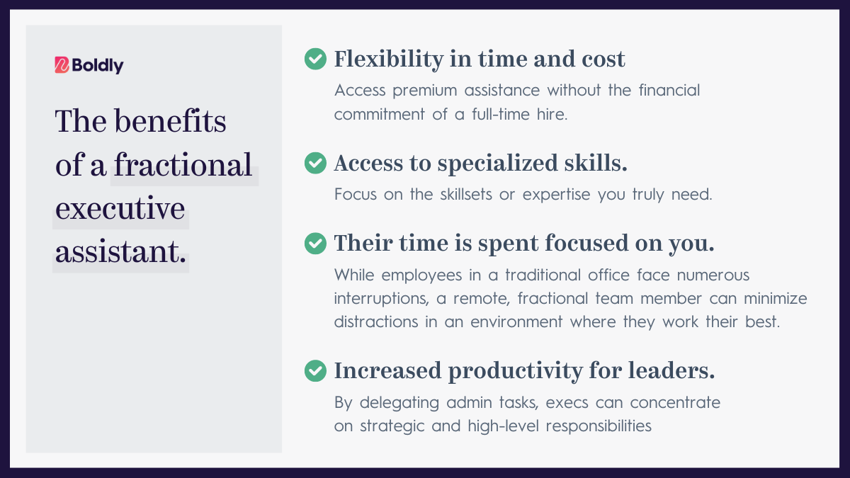 Chart illustrating the benefits of a fractional executive assistant. The top benefit is flexibility in time and cost since you're only required to pay for the time you need.