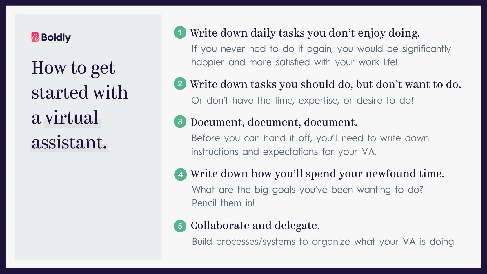 Chart outlining the steps that business leaders and executives can take to efficiently and effectively get started with a new virtual assistant (VA) or new remote executive assistant (EA)