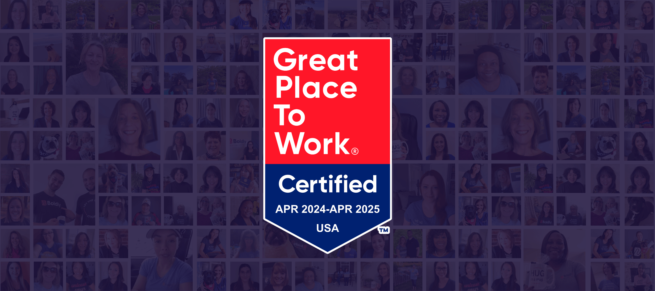 Collage of Boldly Team Members and Great Place To Work Certificaiton Badge
