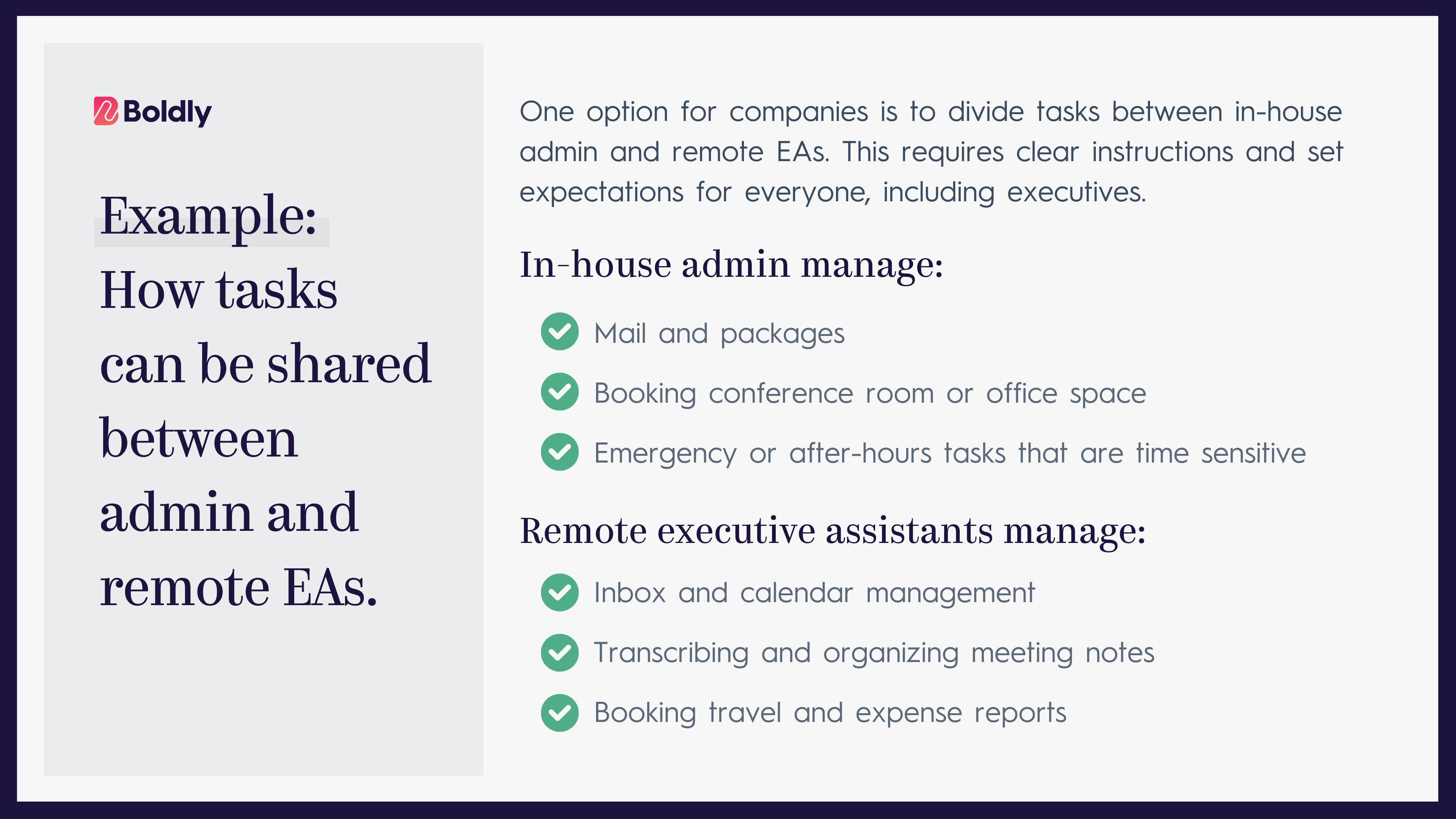 Chart showing that in-house admin teams can take on in-person or emergency tasks while remote EAs can handle more day-to-day exec needs.