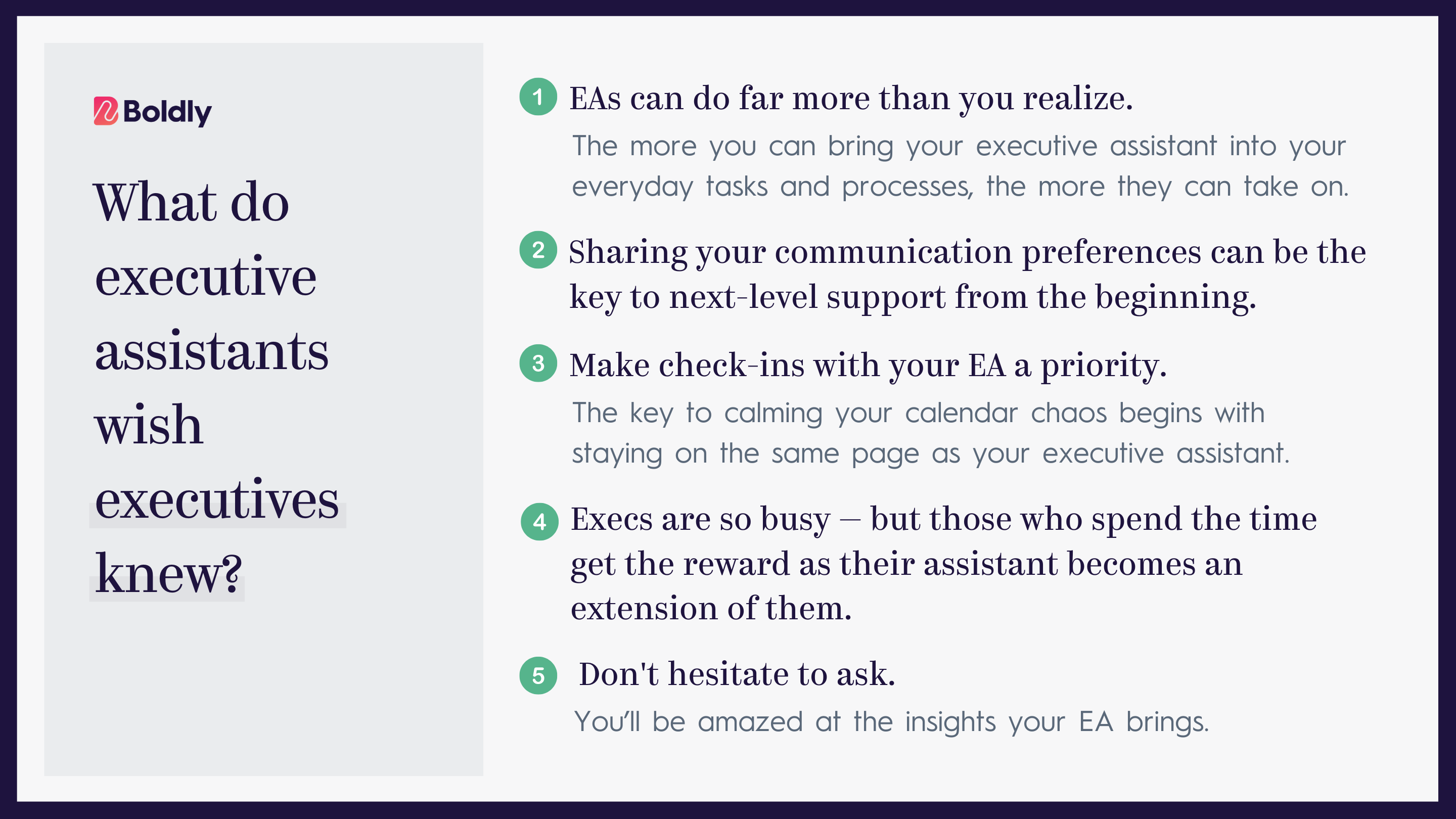 An infographic titled 'What do executive assistants wish executives knew?' from Boldly. The content is organized in five bullet points: 1. EAs can do far more than you realize. The more you can bring your executive assistant into your everyday tasks and processes, the more they can take on. 2. Sharing your communication preferences can be the key to next-level support from the beginning. 3. Make check-ins with your EA a priority. The key to calming your calendar chaos begins with staying on the same page as your executive assistant. 4. Execs are so busy—but those who spend the time get the reward as their assistant becomes an extension of them. 5. Don't hesitate to ask. You'll be amazed at the insights your EA brings