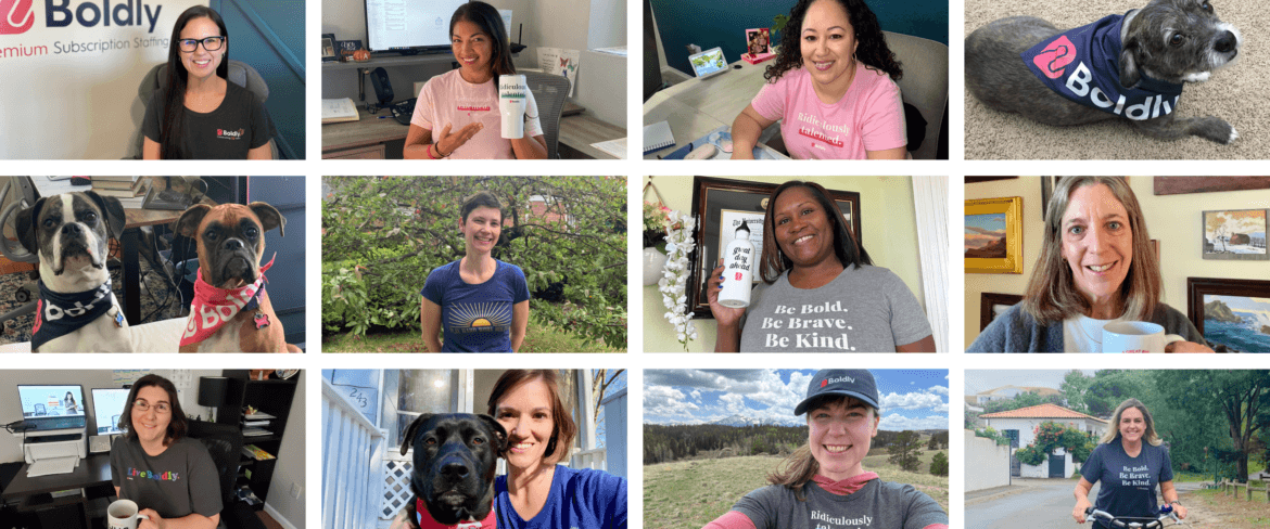 Collage showing Boldly remote executive assistants at their home offices and outdoors, wearing company-branded clothing. Includes several team members at desks, a few enjoying outdoor activities, and some photos of dogs wearing Boldly bandanas. Images showcase the company's remote work culture and consistent brand colors of pink and navy blue.