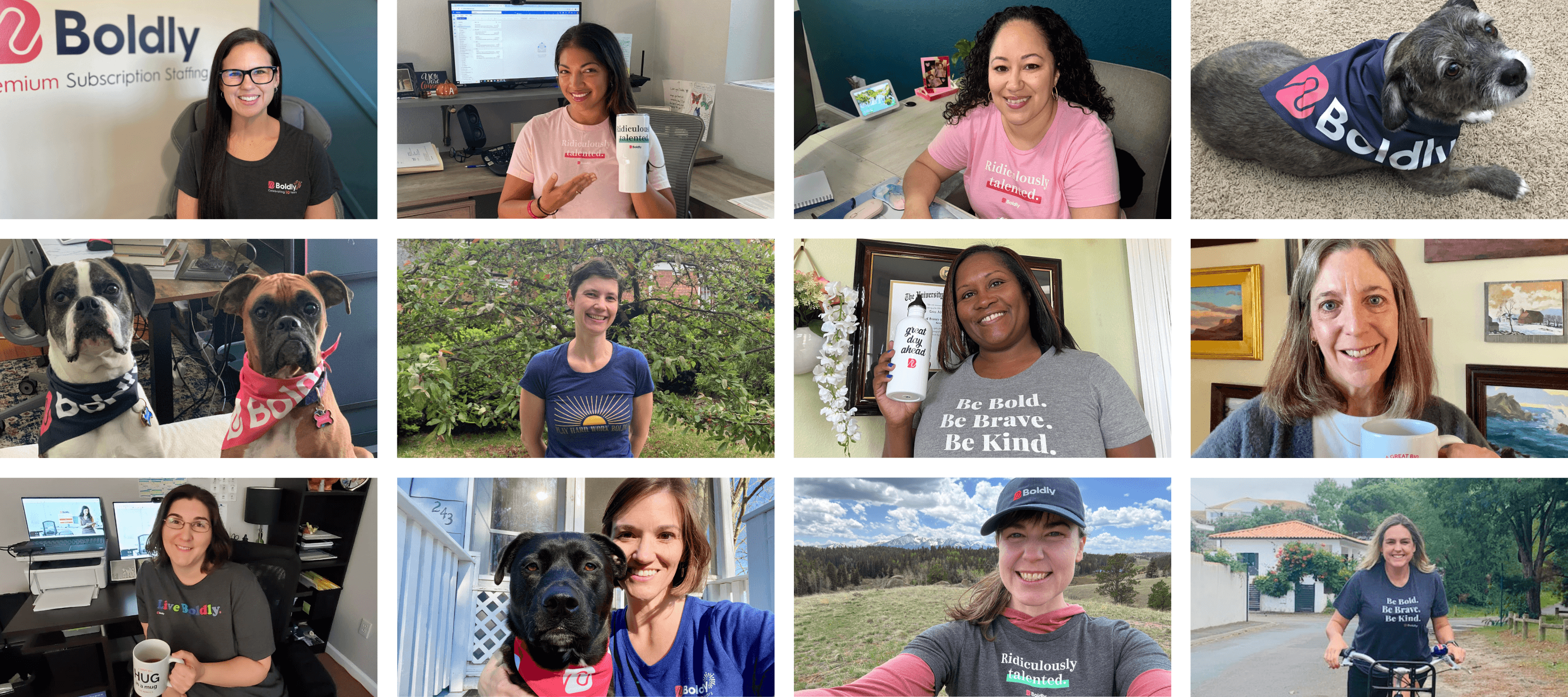 Collage showing Boldly remote executive assistants at their home offices and outdoors, wearing company-branded clothing. Includes several team members at desks, a few enjoying outdoor activities, and some photos of dogs wearing Boldly bandanas. Images showcase the company's remote work culture and consistent brand colors of pink and navy blue.