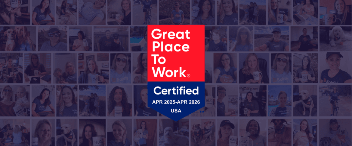 Great Place To Work certification logo overlaid on top of Boldly team photos.