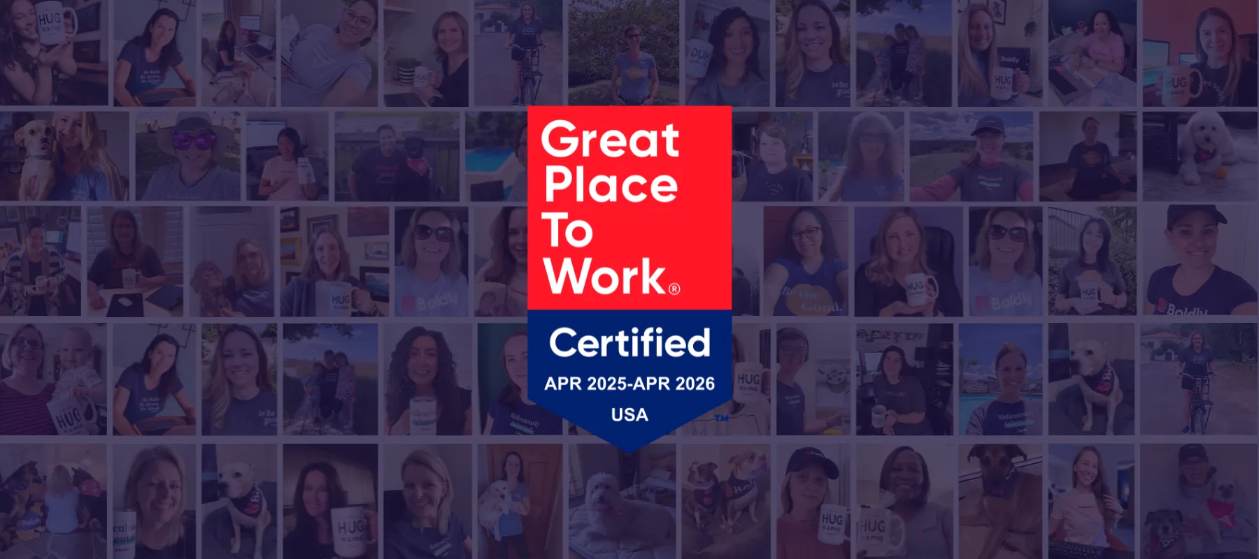 Great Place To Work certification logo overlaid on top of Boldly team photos.