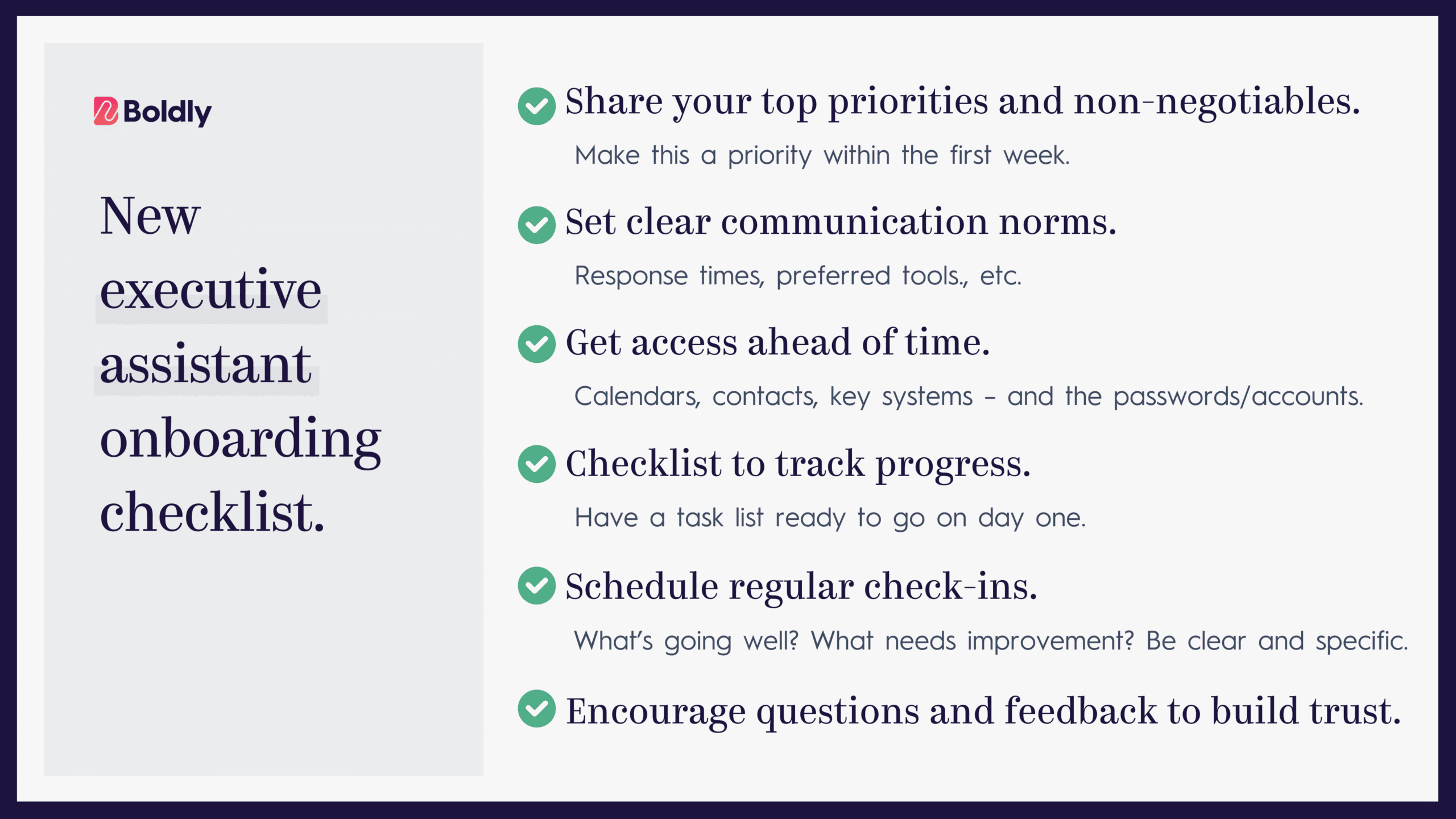 A visual checklist showing five key steps for onboarding a new executive assistant, including priorities, communication, system access, check-ins, and feedback.